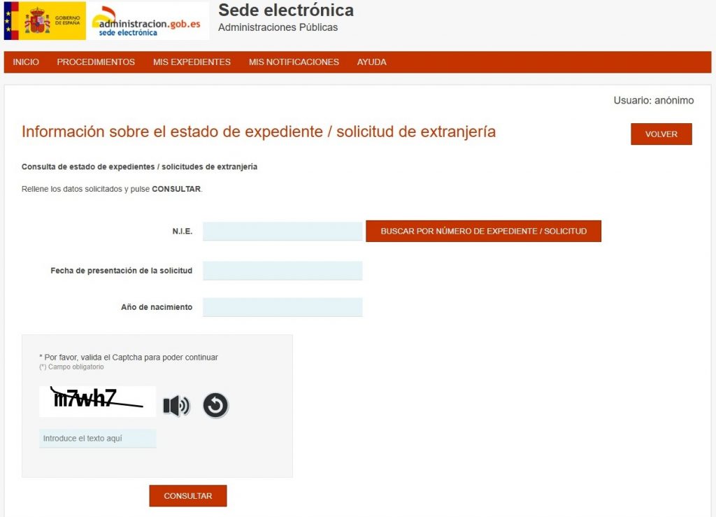 consulta de estado de expediente de extranjería con formulario
